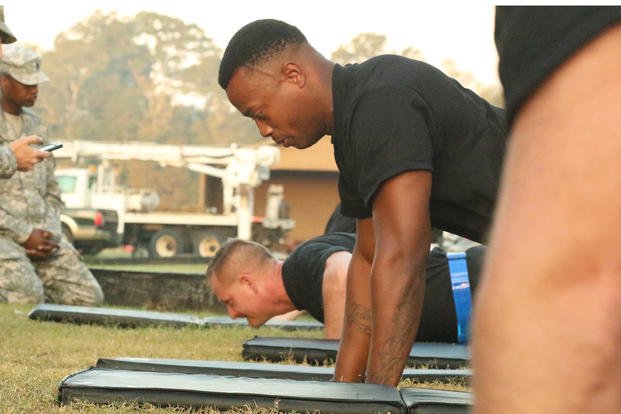 A soldier performs push-ups during an Army physical fitness test.